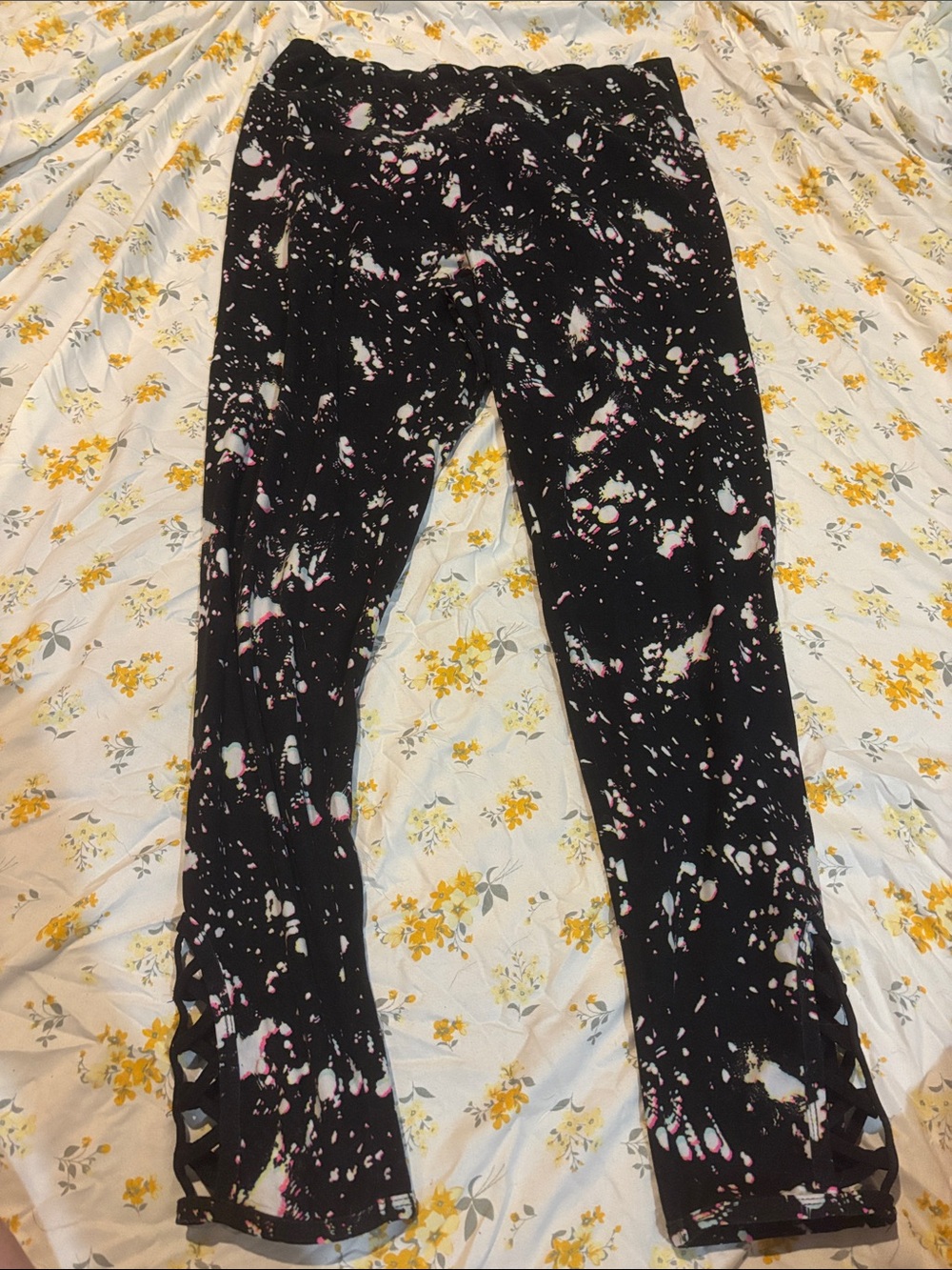 No Boundaries Black Leggings with Pink and White Splatter and Lattice Ankles